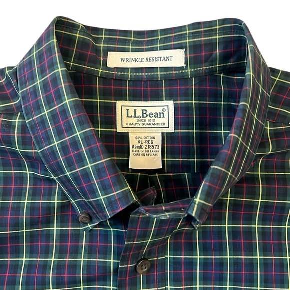 L.L. Bean Navy Blue Tartan Plaid Button Down Cotton Shirt Wrinkle Resistant XL - Picture 2 of 13